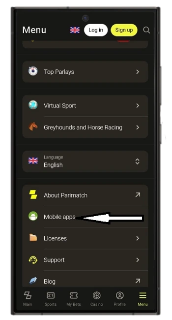 Parimatch Android Apps menu