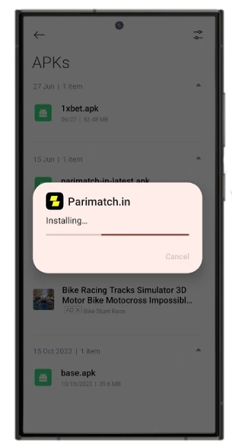 Parimatch APK installing