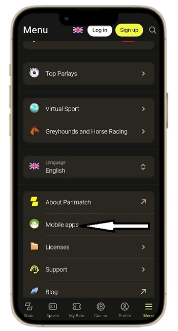 Parimatch Mobile Apps menu