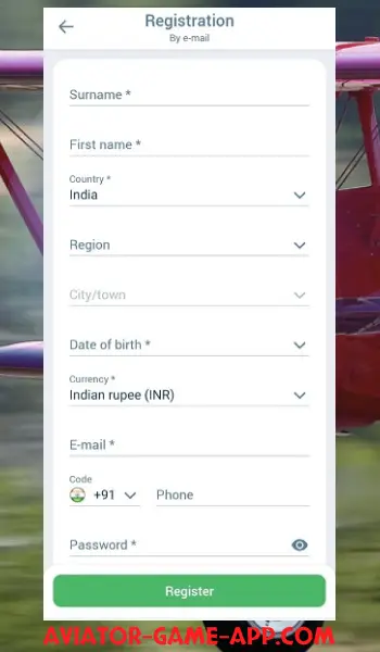 Aviator App Registration form