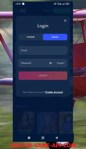 Bluechip Aviator App Login form